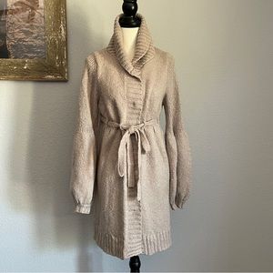 Cozy Warm Long Sweater Jacket with Belt and Snaps & Baloon Sleeves